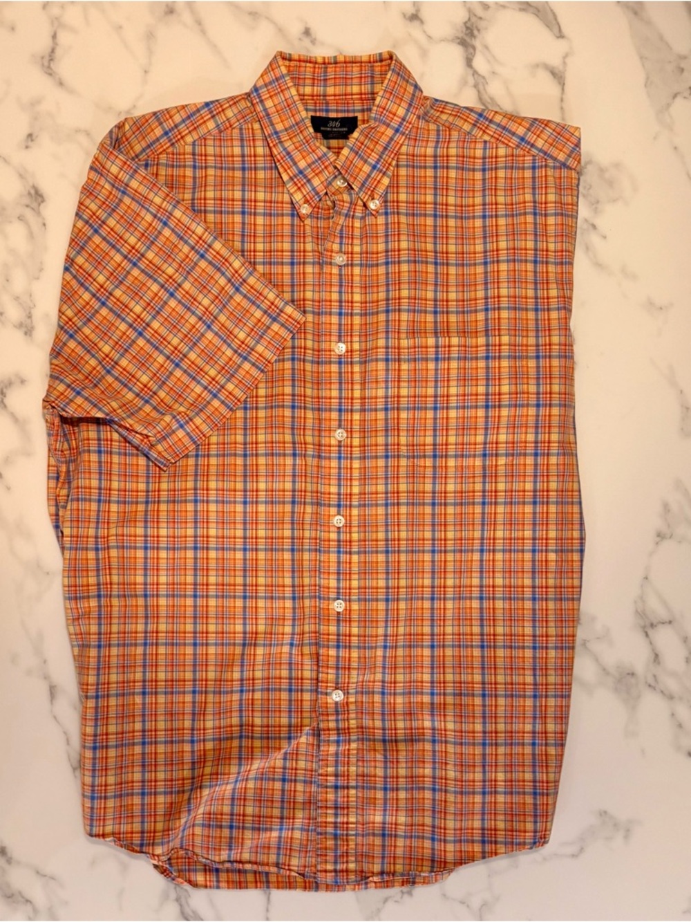 Brooks Brothers Orange Plaid Short-Sleeve Button-Down Shirt